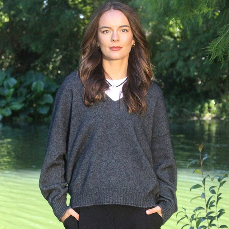 Lothlorian Possum Merino Cavern V Neck Jumper - Charcoal