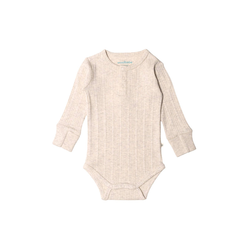 Woolbabe Organic Cotton/Merino Long Sleeve Henley Bodysuit - Natural Marl