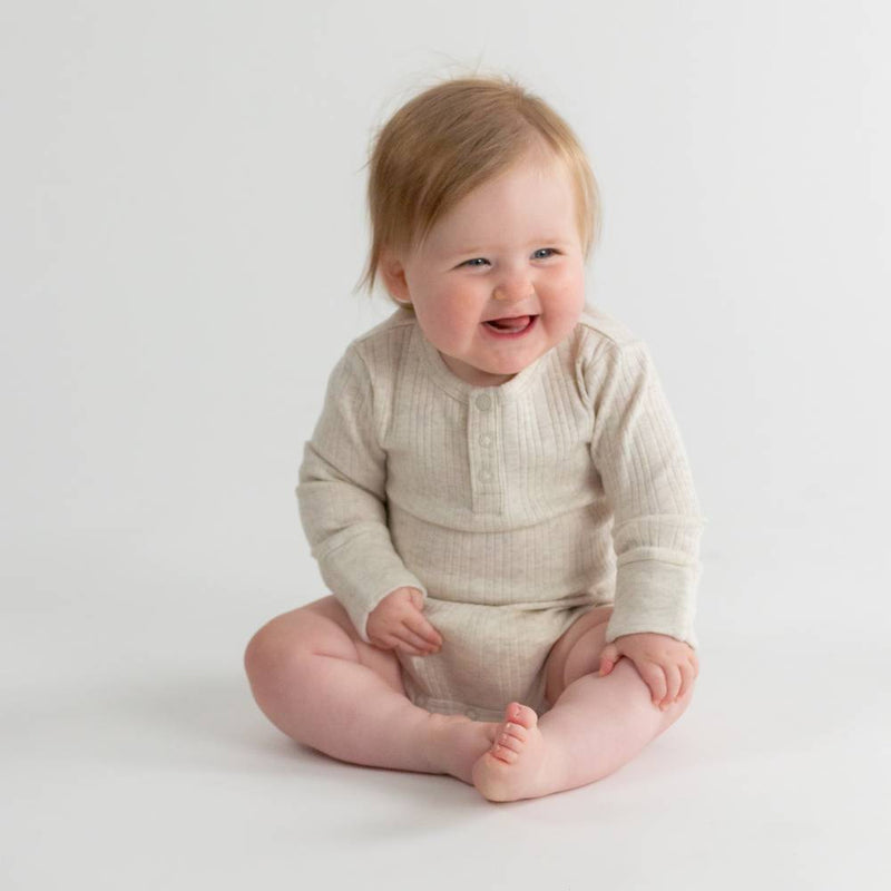 Woolbabe Organic Cotton/Merino Long Sleeve Henley Bodysuit - Natural Marl