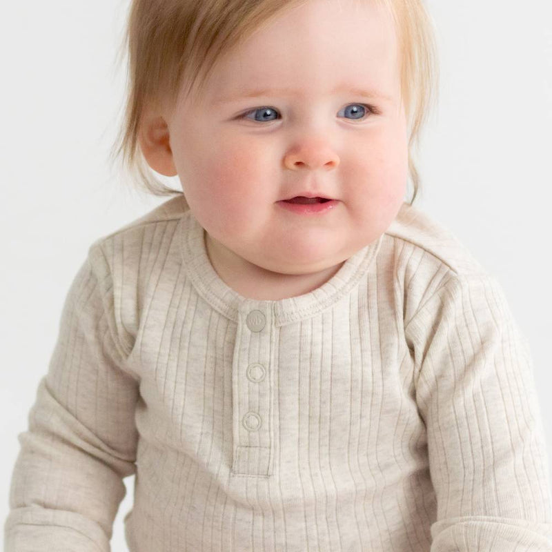 Woolbabe Organic Cotton/Merino Long Sleeve Henley Bodysuit - Natural Marl