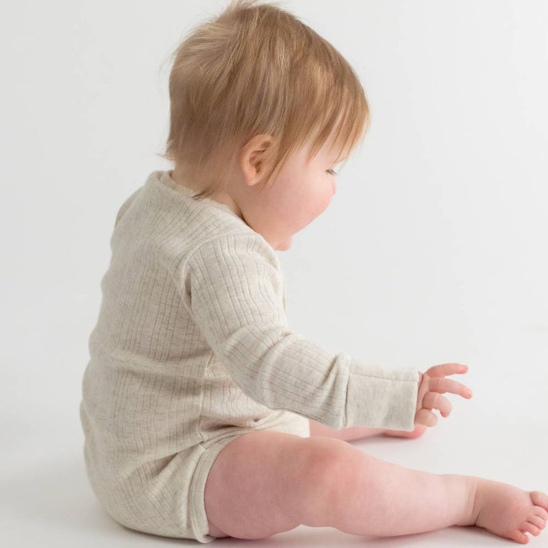 Woolbabe Organic Cotton/Merino Long Sleeve Henley Bodysuit - Natural Marl