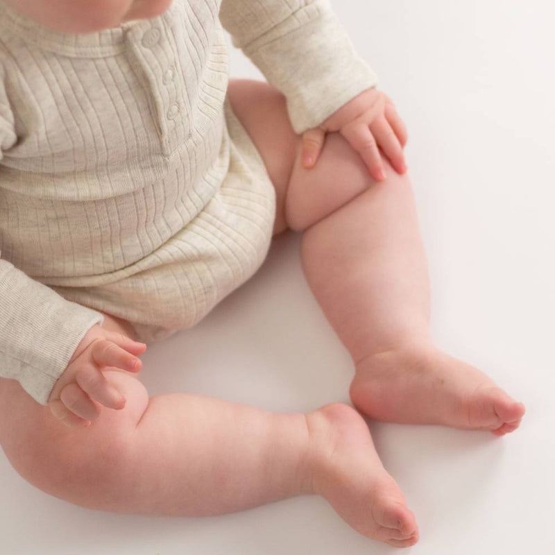 Woolbabe Organic Cotton/Merino Long Sleeve Henley Bodysuit - Natural Marl