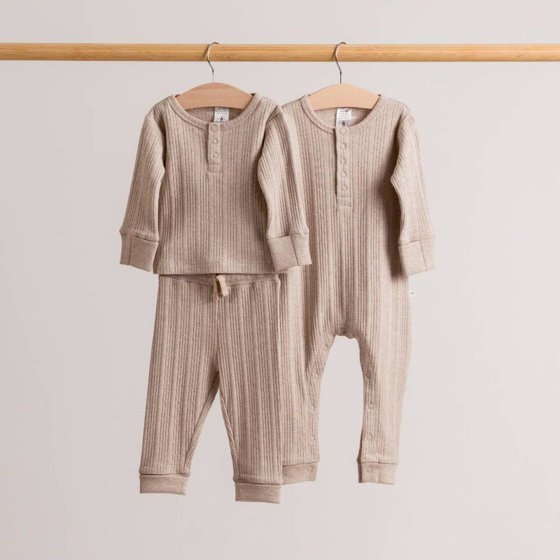Woolbabe Organic Cotton/Merino Long Sleeve Henley Top - Dune Marl