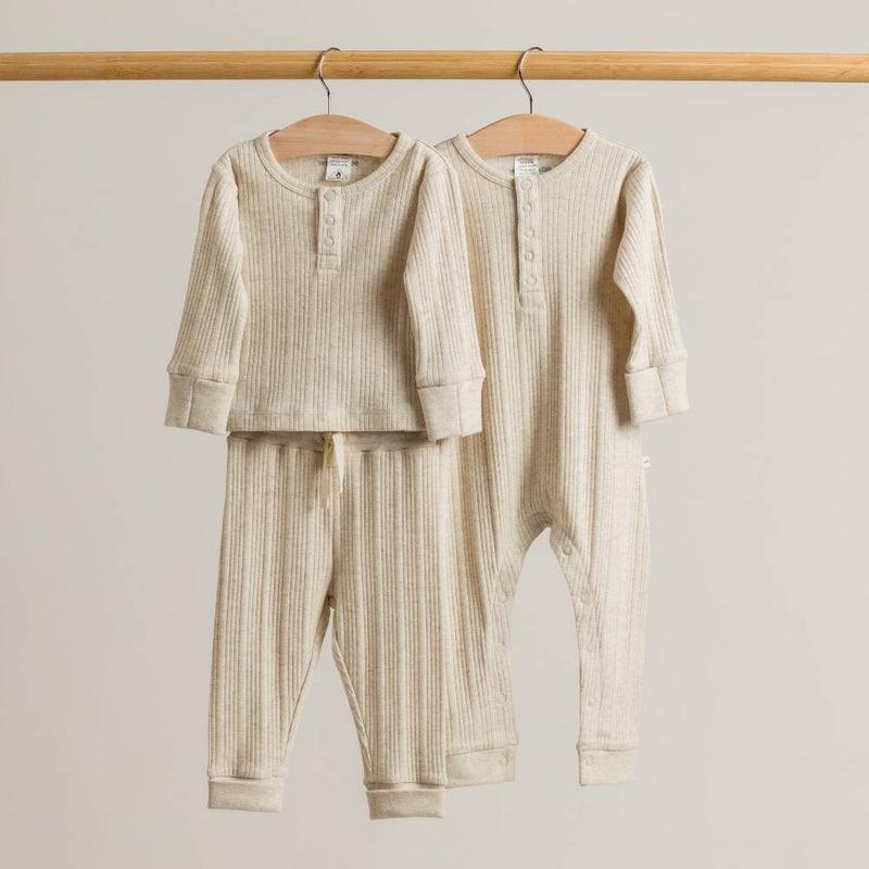 Woolbabe Organic Cotton/Merino Long Sleeve Henley Top - Natural Marl