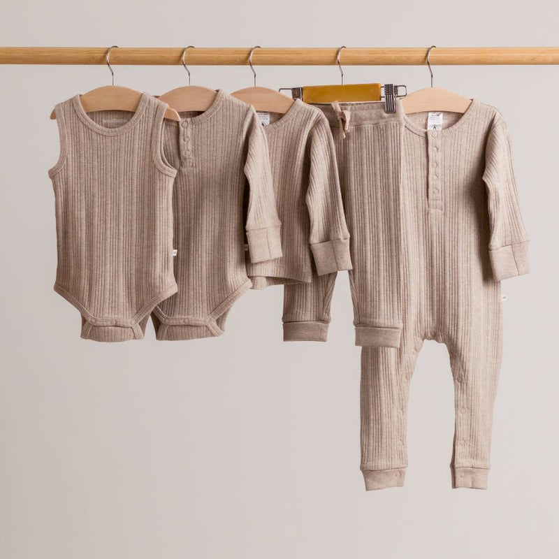 Woolbabe Organic Cotton/Merino Long Sleeve Henley Suit - Dune Marl