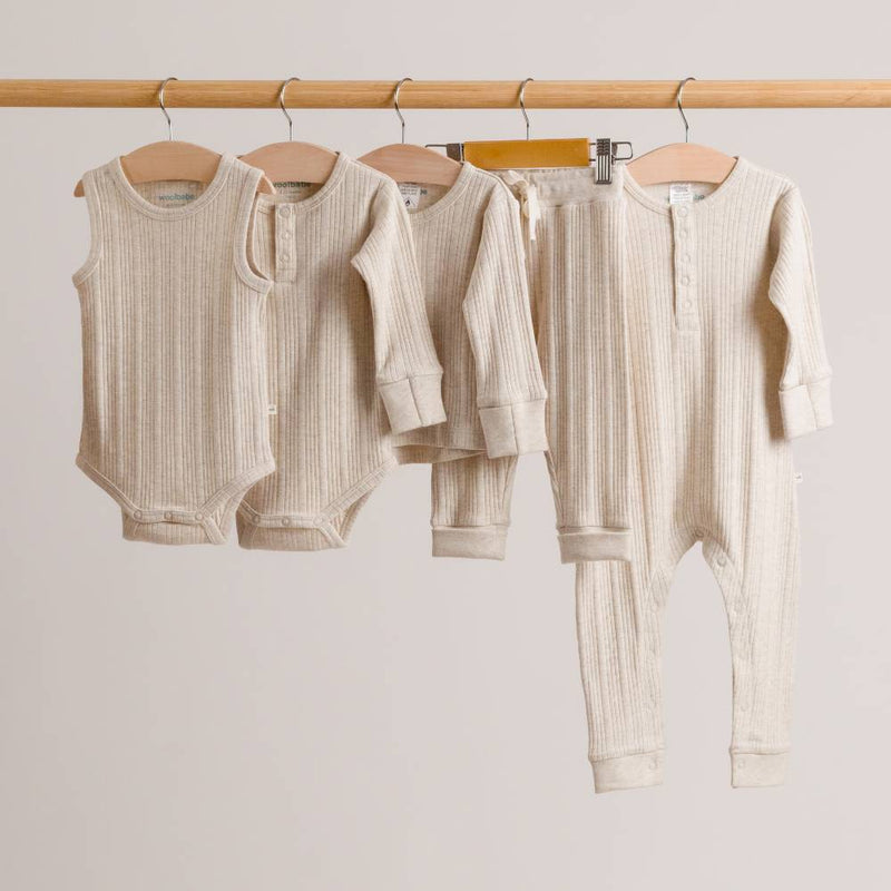 Woolbabe Organic Cotton/Merino Long Sleeve Henley Bodysuit - Natural Marl