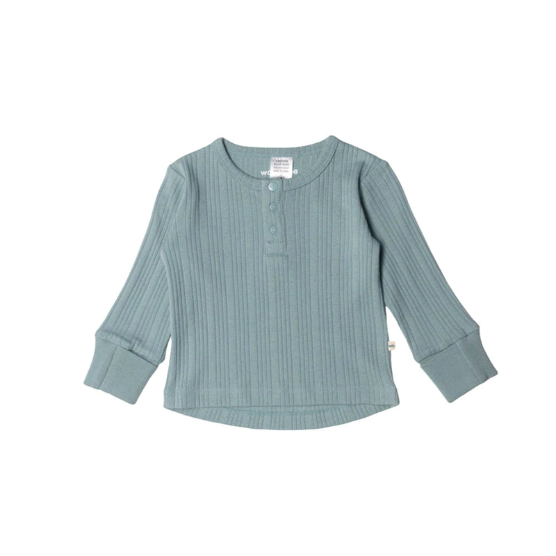 Woolbabe Organic Cotton/Merino Long Sleeve Henley Top - Tide Marl