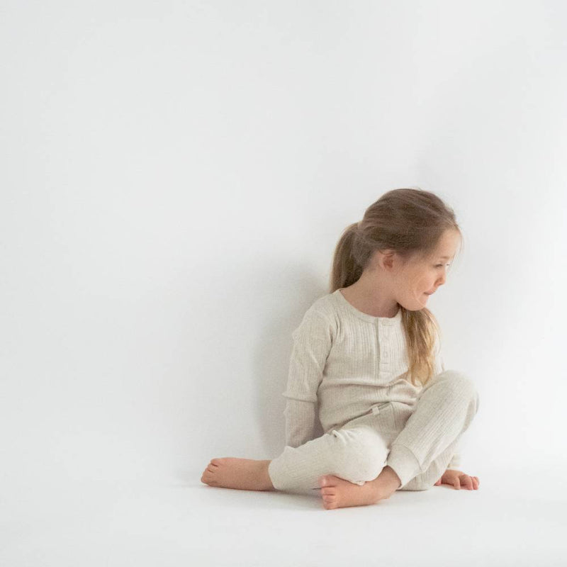 Woolbabe Organic Cotton/Merino Long Sleeve Henley Top - Natural Marl