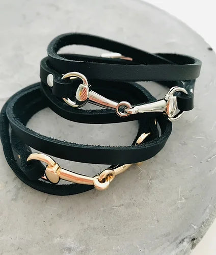 Twigg Equestrian Leather Snaffle Bangle - Black/Silver
