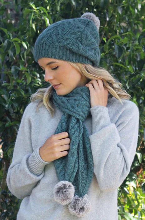 Lothlorian Possum Merino Relaxed Cable Beanie with Fur Pompom