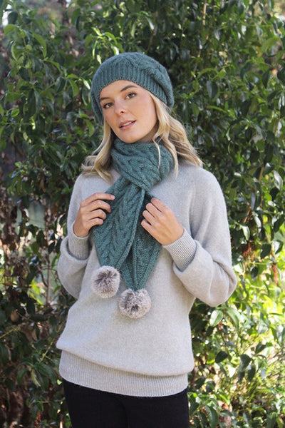 Lothlorian Possum Merino Cable Scarf with Fur Pom Pom