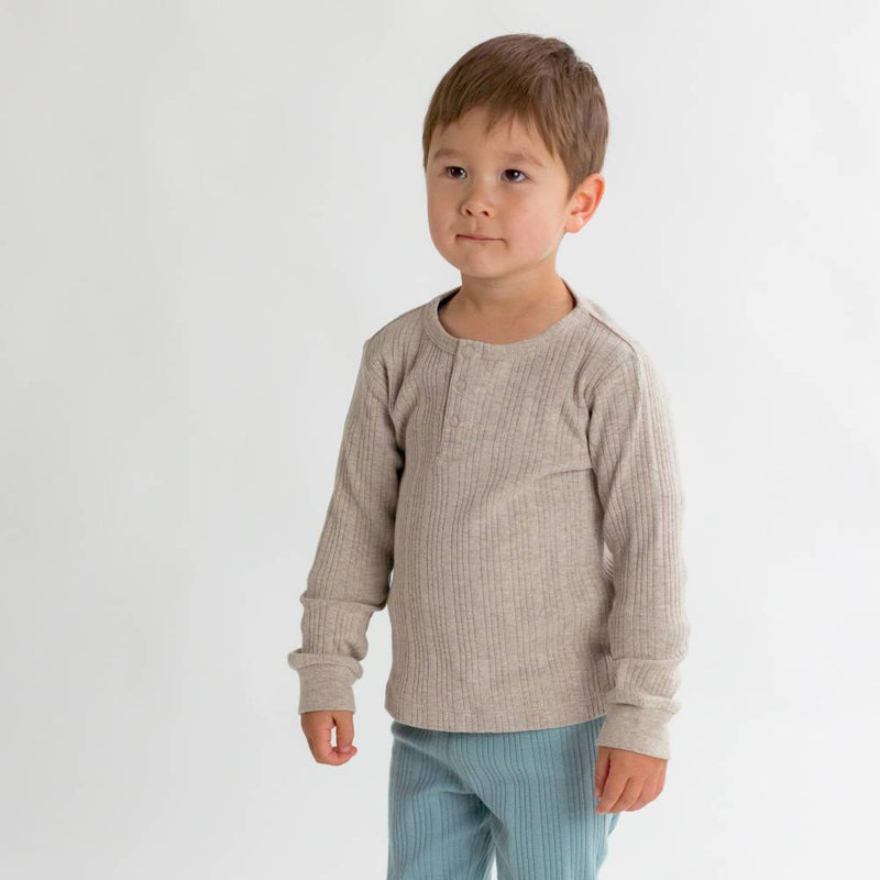 Woolbabe Organic Cotton/Merino Long Sleeve Henley Top - Dune Marl