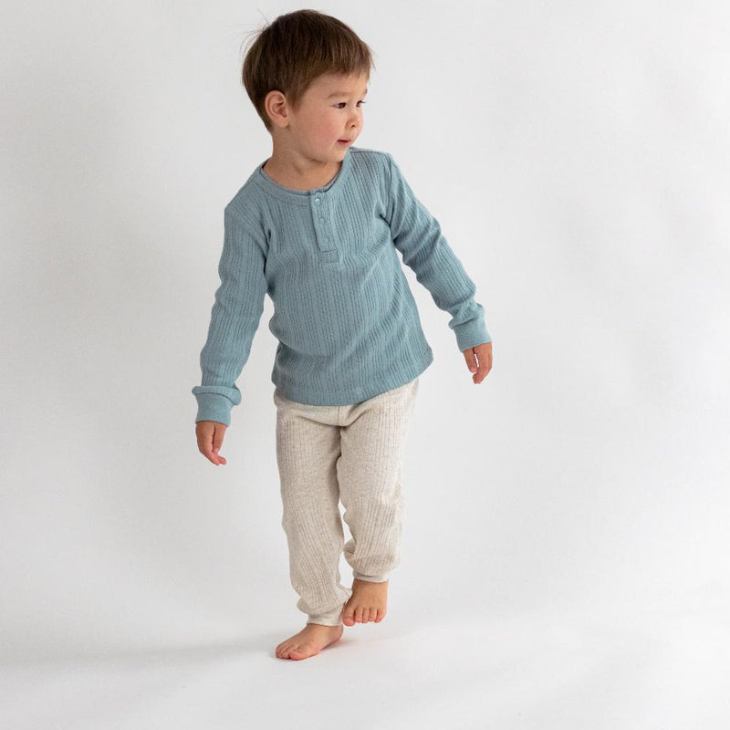 Woolbabe Organic Cotton/Merino Long Sleeve Henley Top - Tide Marl