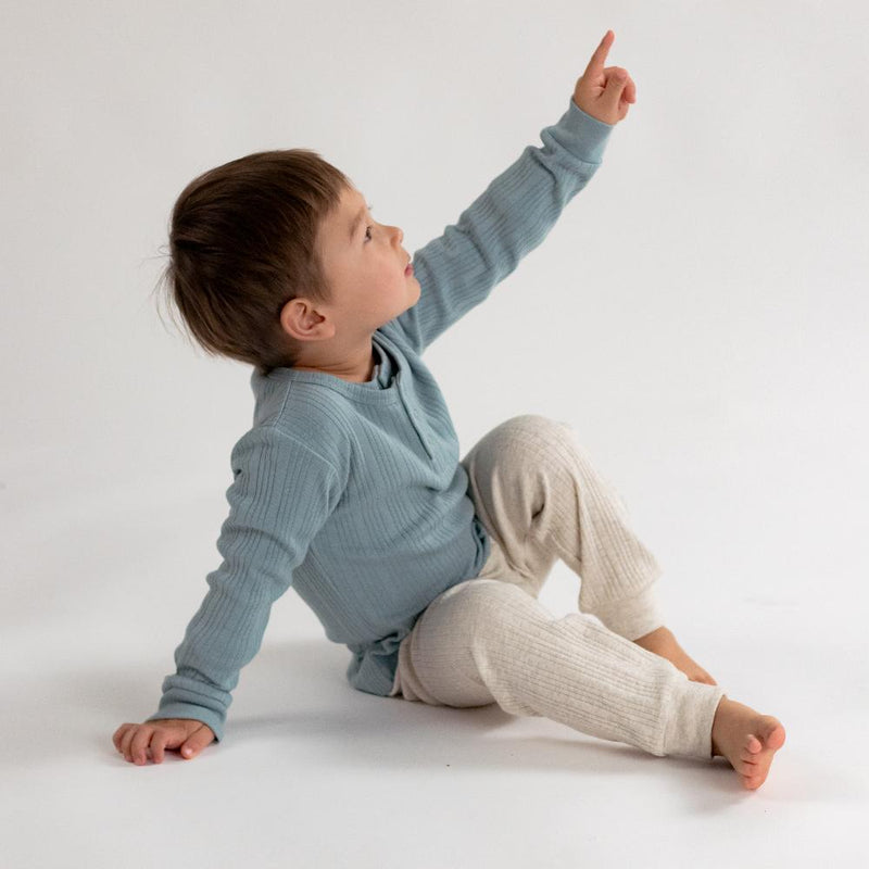 Woolbabe Organic Cotton/Merino Long Sleeve Henley Top - Tide Marl
