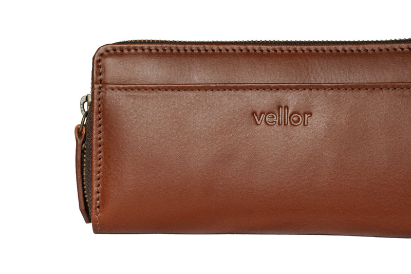 Helena Leather Zip Clutch - Cognac