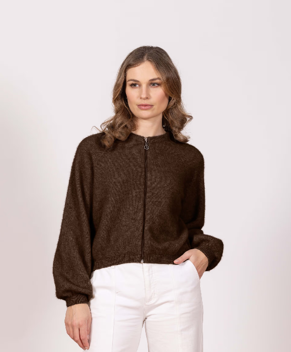 Noble Wilde Possum Merino Bellow Sleeve Zip Cardi - Black