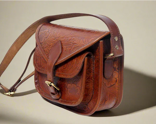 Embossed Leather Cross Body Bag - Brown