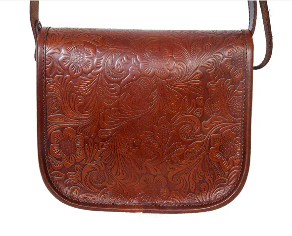 Embossed Leather Cross Body Bag - Brown