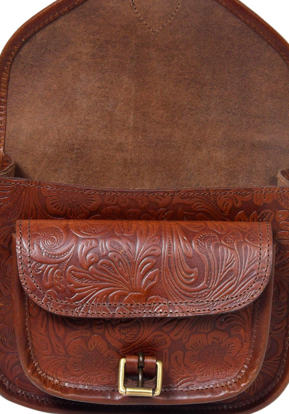 Embossed Leather Cross Body Bag - Brown