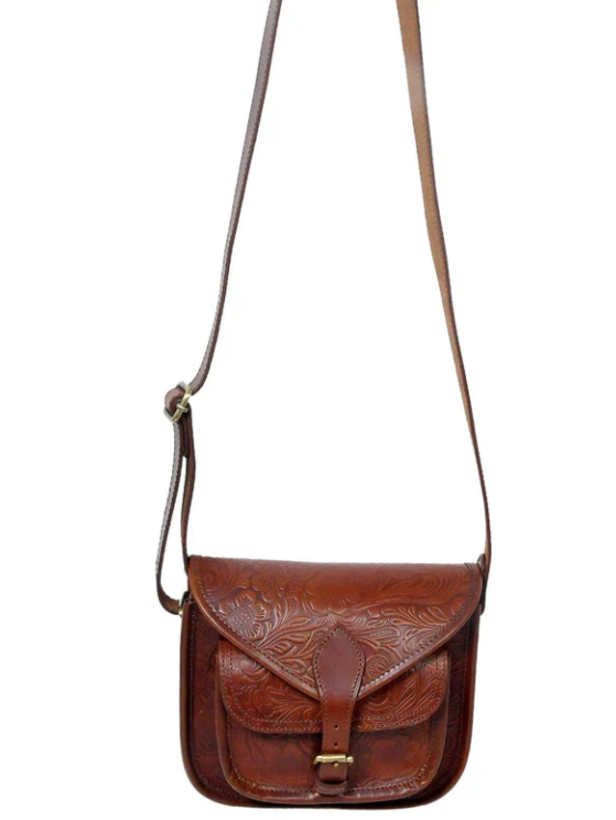 Embossed Leather Cross Body Bag - Brown