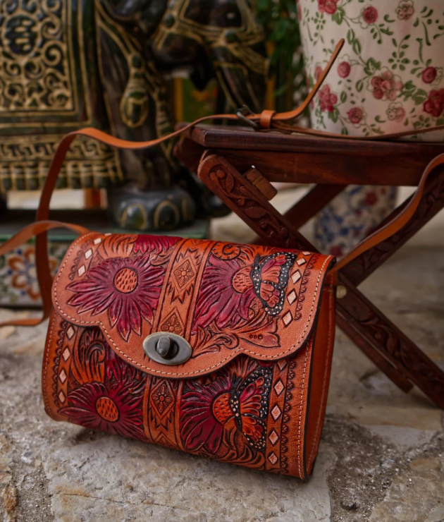 Leather Hand Tooled Cross Body Bag - Elderflower