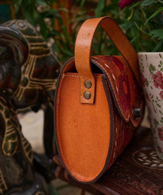 Leather Hand Tooled Cross Body Bag - Elderflower
