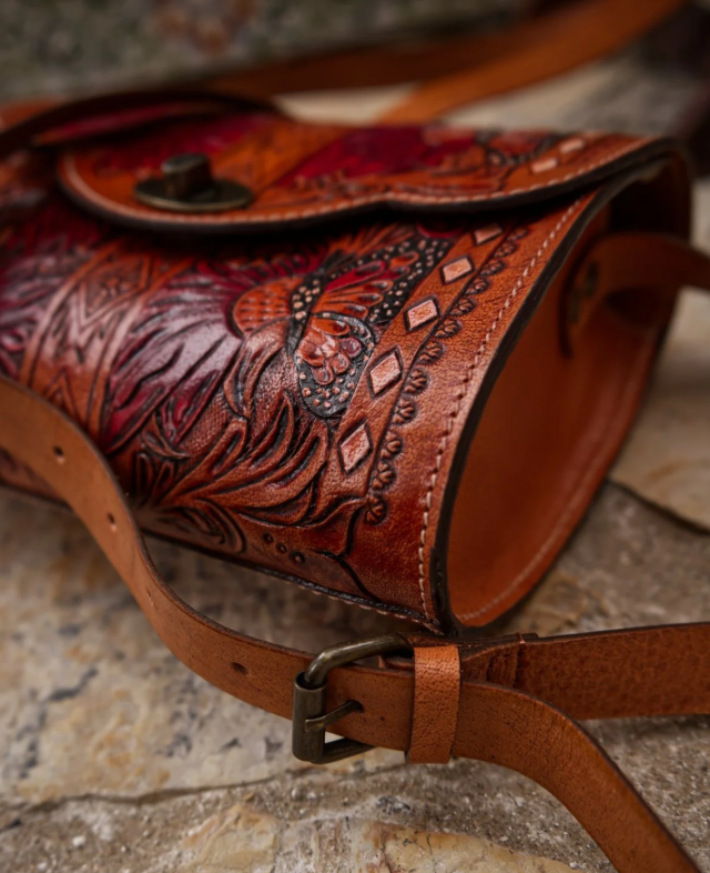 Leather Hand Tooled Cross Body Bag - Elderflower