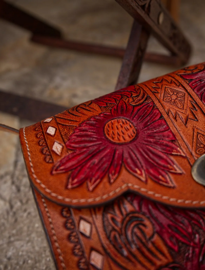 Leather Hand Tooled Cross Body Bag - Elderflower
