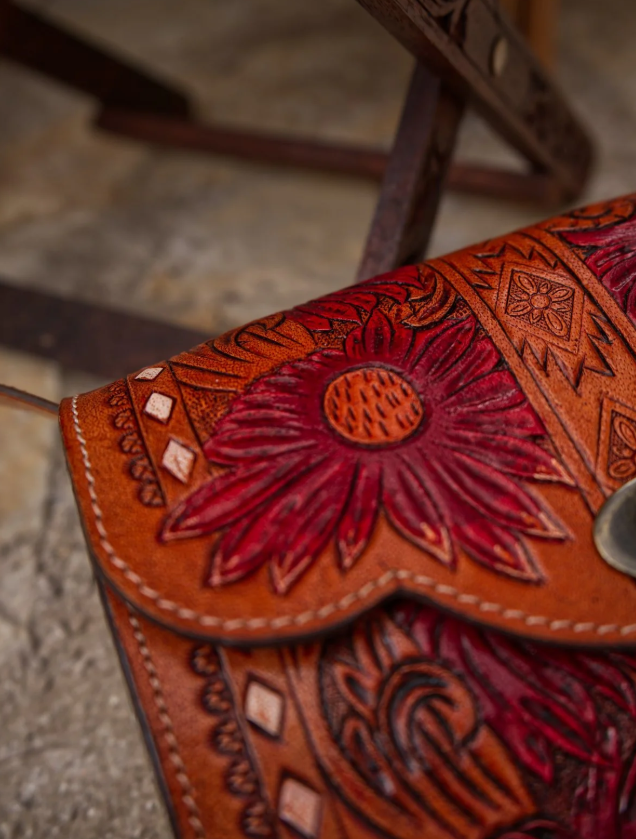 Leather Hand Tooled Cross Body Bag - Elderflower