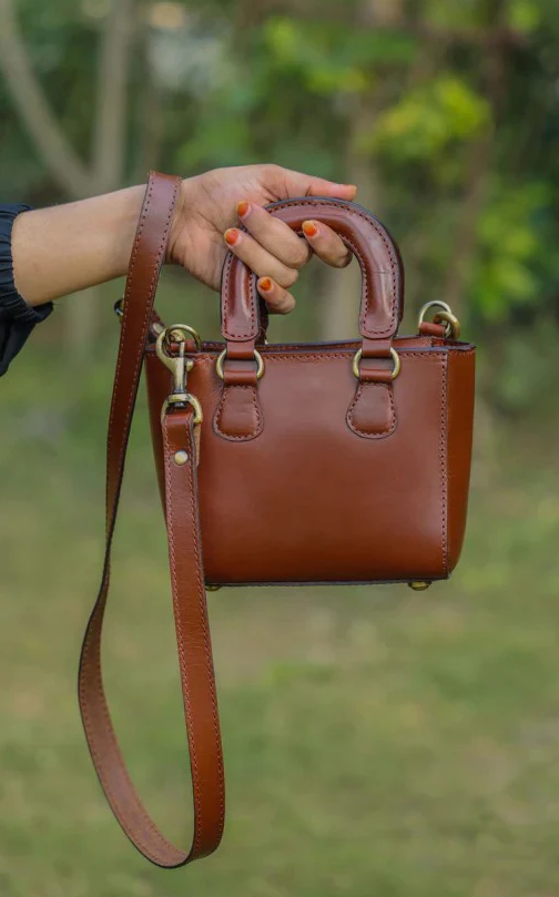 Leather Mini Tote/Sling Bag - Brown