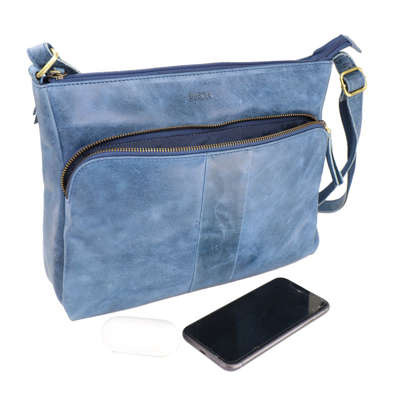 Baron Buffed Leather Large Cross Body Bag - Navy