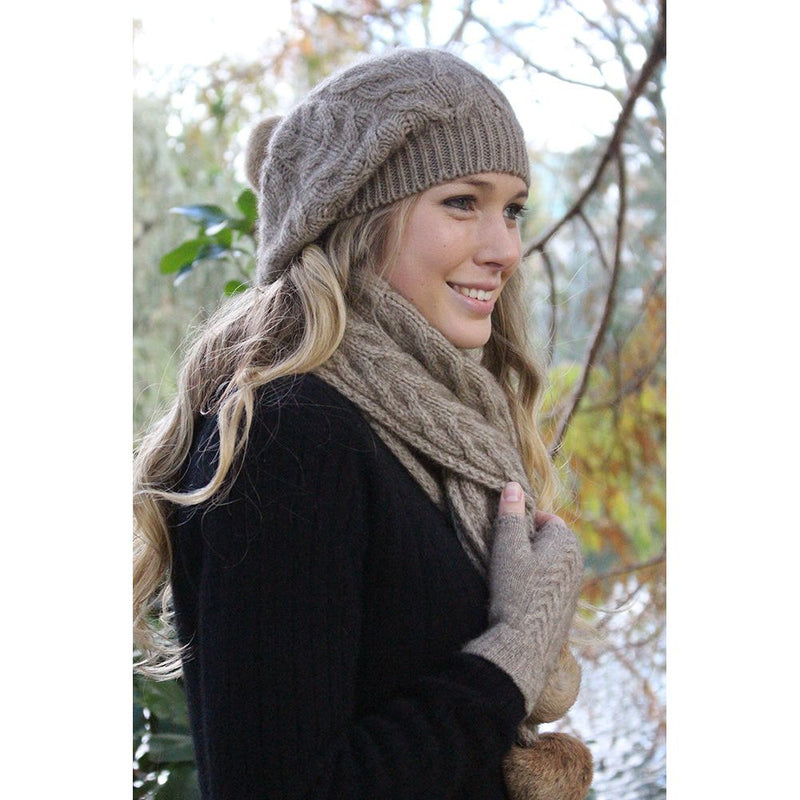 Lothlorian Possum Merino Cable Scarf with Fur Pom Pom