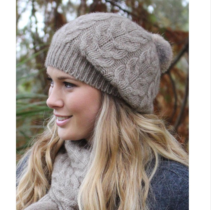 Lothlorian Possum Merino Relaxed Cable Beanie with Fur Pompom